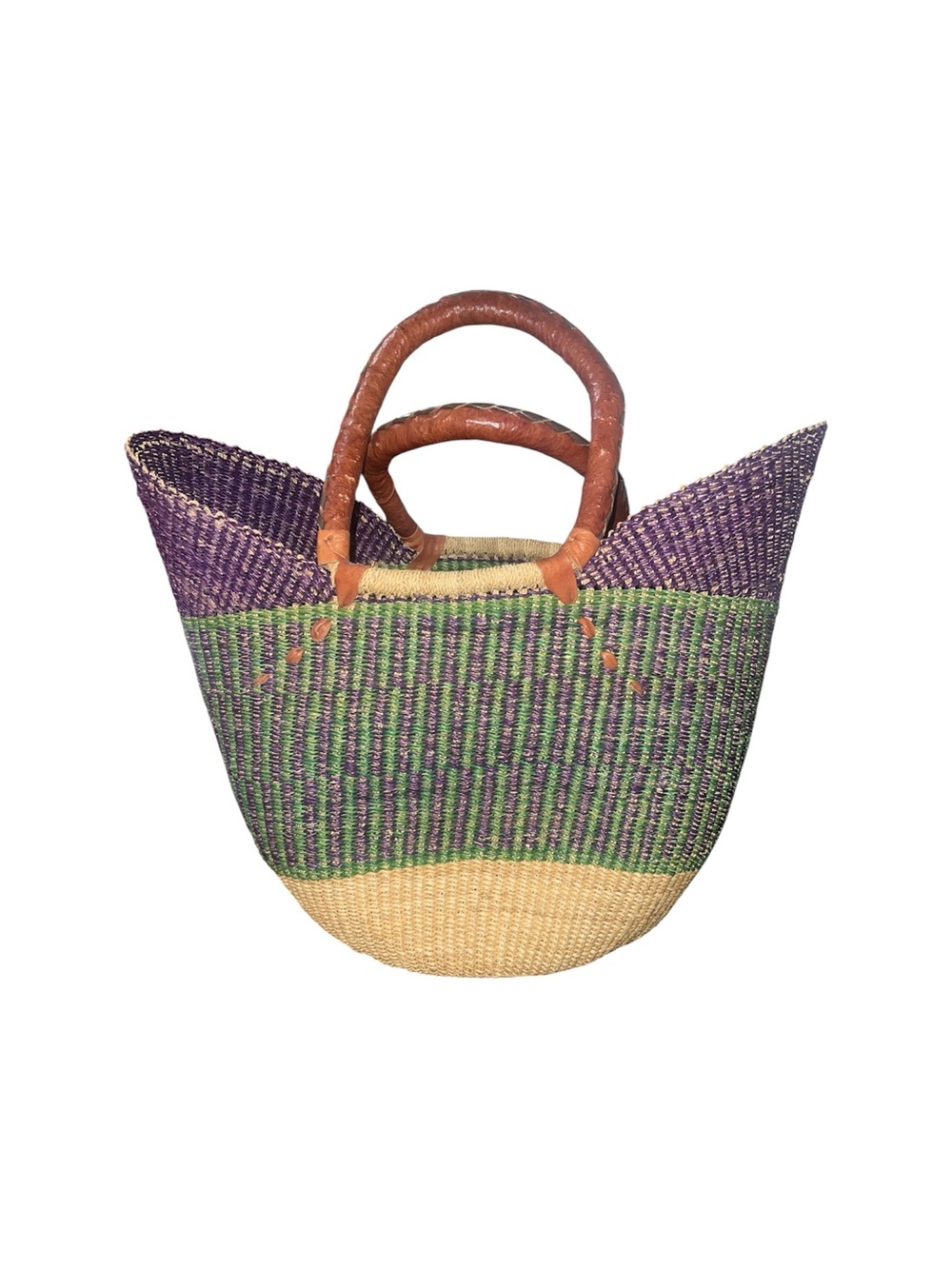 African Bolga Basket U-Shopper Tote Market Basket Purple Green Leather Handle